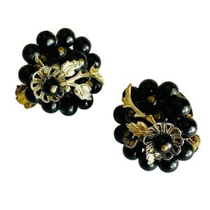 Vintage Japan Black Bead And Goldtone Floral Clip Earrings